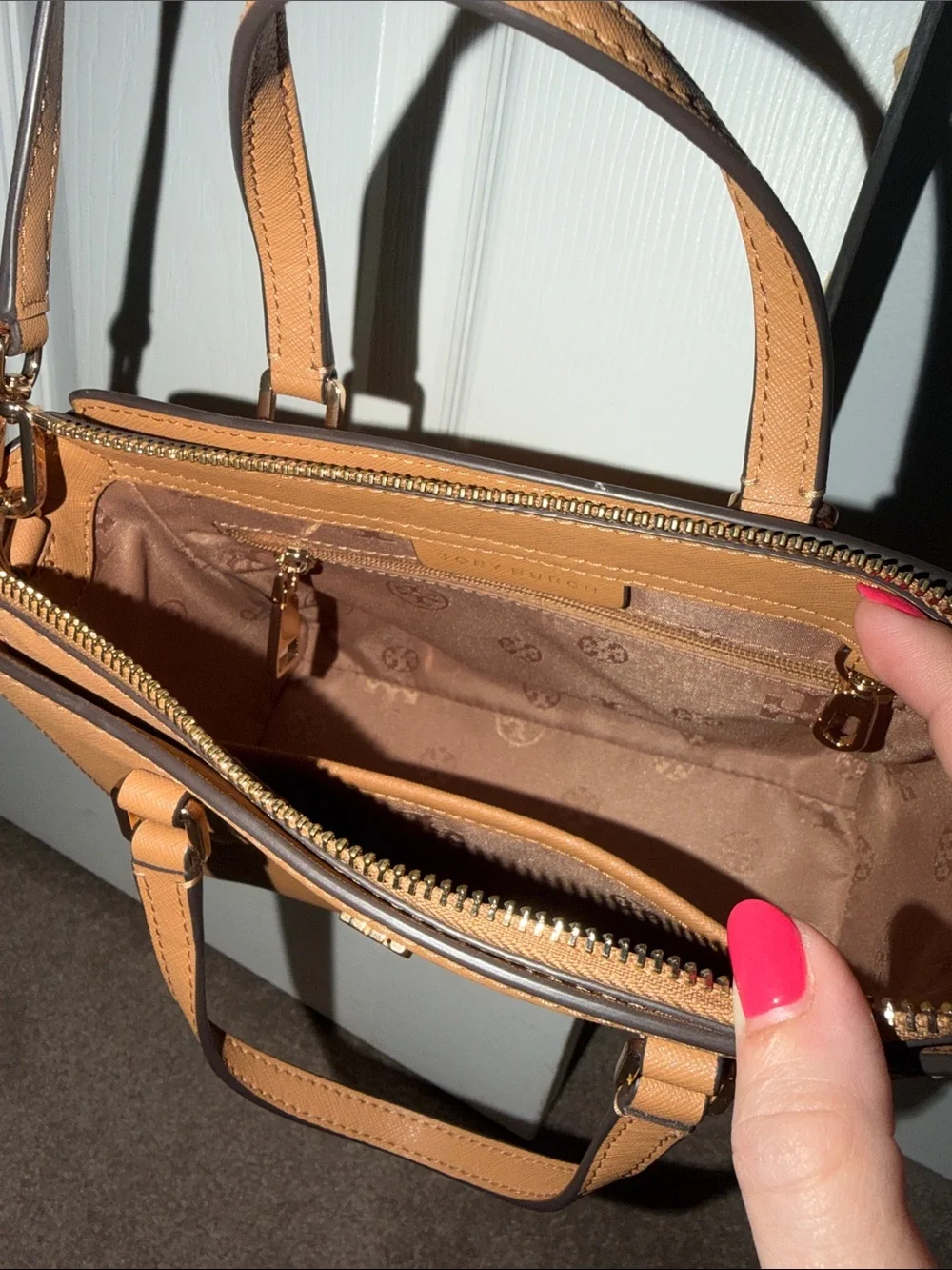 Tory Burch Mustard Pebbled Leather Mini Satchel with Gold Logo